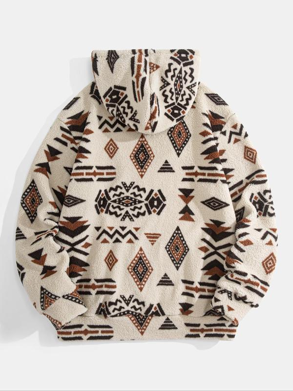 Men's Tribal Print Drop Shoulder Fuzzy Hoodie, Fashion Casual Regular Fit Drawstring Pocket Hooded Sweatshirt for Daily Holiday Outdoor Wear, Men Clothes for Fall & Winter