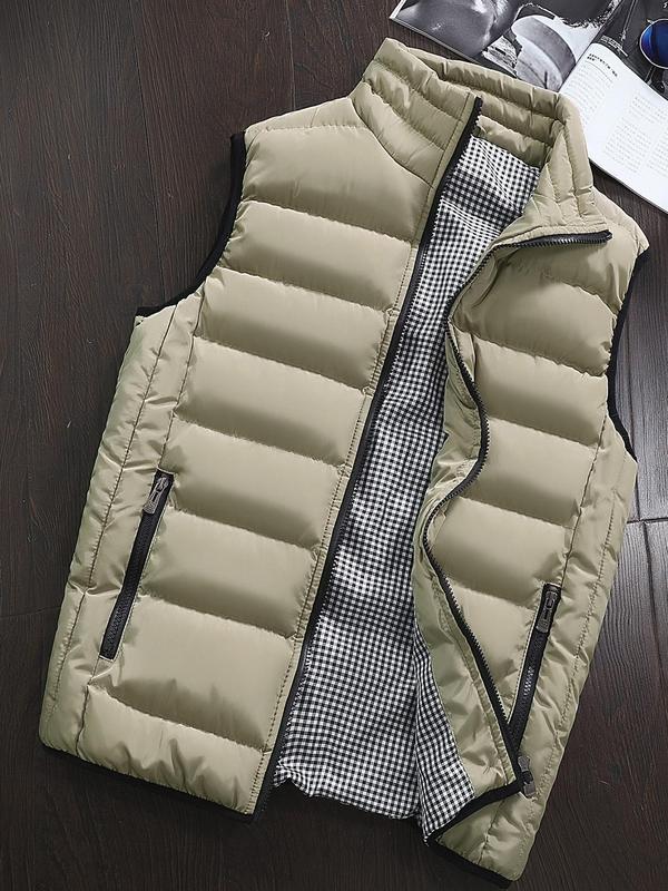 Men's Solid Zip Up Funnel Neck Vest Jacket, Regular Fit Casual Pocket Sleeveless Outerwear for Fall & Winter, Men's Clothes for Daily Wear