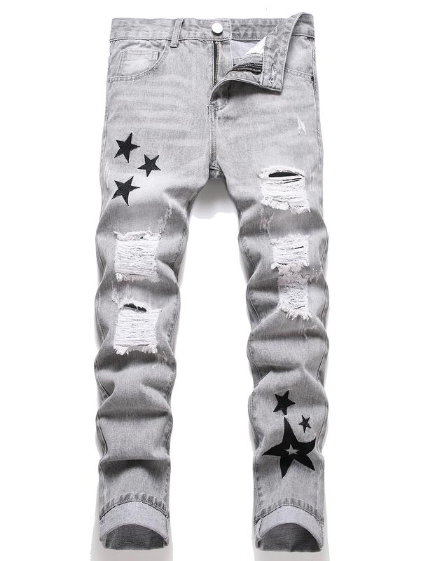 Men Star Print Embroidery Ripped Jeans White Cotton Casual Slim-fitting Vintage Menswear Polyester1009 Pants Stylish Trouser