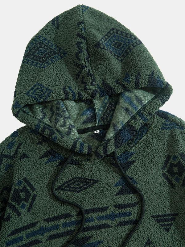 Men's Tribal Print Drop Shoulder Fuzzy Hoodie, Fashion Casual Regular Fit Drawstring Pocket Hooded Sweatshirt for Daily Holiday Outdoor Wear, Men Clothes for Fall & Winter