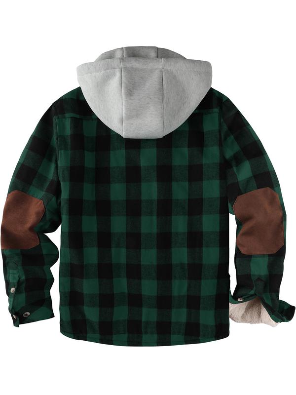 Men's Plaid Print Button Front Thermal  Lined Drawstring Hooded Coat, Regular Fit Casual Long Sleeve Pocket Outerwear for Fall & Winter, Men's Clothes for Daily Wear