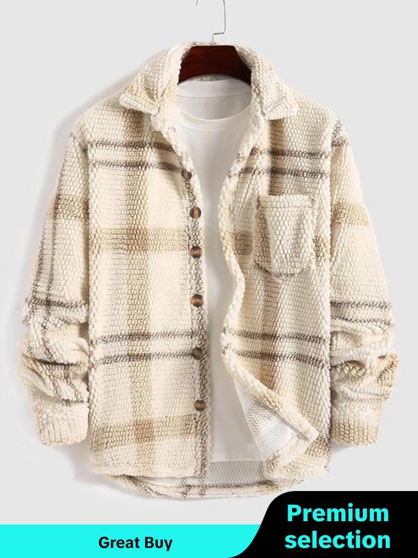 Men's Plaid Print Button Front Fleece Winter Jacket, Casual Regular Fit Long Sleeve Pocket Outerwear for Fall & Winter, Men's Clothes for Daily Wear