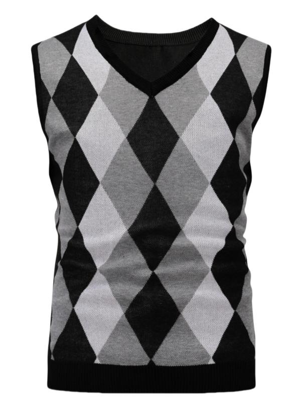 Men's Geometric Print V Neck Sweater Vest, Fall Outfits, Fallfreshness Regular Fit Casual Sleeveless Jumper Vest for Fall & Winter, Men's Knitwear for Daily Wear