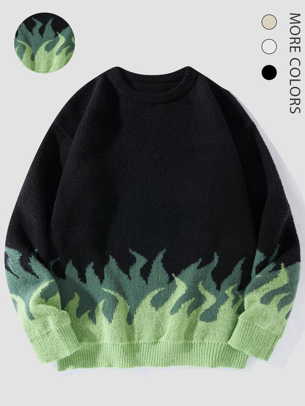 Unisex Men's Fire Print Drop Shoulder Crewneck Sweater, Loose Casual Long Sleeve Round Neck Jumper Knitwear for Fall & Winter, Fall Sweaters, Streetwear Sweaters, Y2k Freaky Knitting Pullover Top, Menswear Tops
