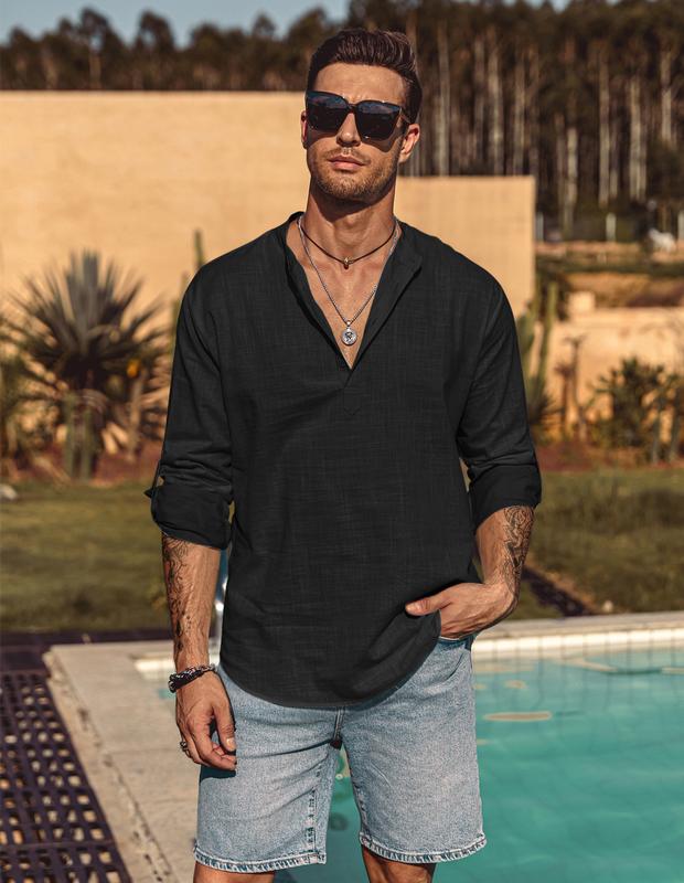 COOFANDY New York Fashion Week Men's Cotton Linen Henley Shirt Long Sleeve Hippie Casual Beach T Shirts Menswear Soft Beach Wear Breathable Vneck Fashion