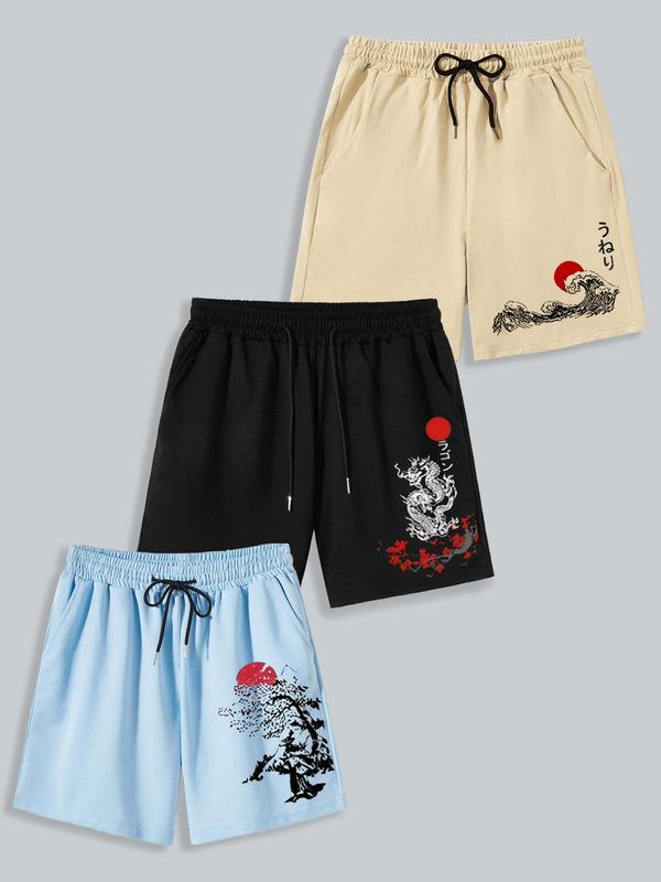 Men's Graphic Drawstring Waist Shorts, Regular Fit Casual Pocket Track Shorts for Summer, Men's Bottoms for Daily Wear