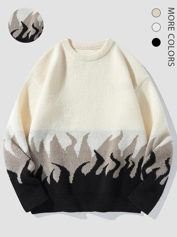 Unisex Men's Fire Print Drop Shoulder Crewneck Sweater, Loose Casual Long Sleeve Round Neck Jumper Knitwear for Fall & Winter, Fall Sweaters, Streetwear Sweaters, Y2k Freaky Knitting Pullover Top, Menswear Tops