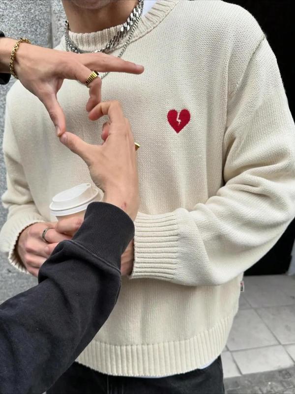 Men's Heart Embroidery Drop Shoulder Sweater, Loose Casual Long Sleeve Round Neck Jumper for Fall & Winter, Fashion Men's Knitwear for Daily Wear