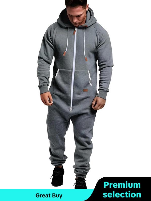 Men's Solid Zip Up Drawstring Hooded Jumpsuit, Regular Fit Casual Long Sleeve Pocket Jumpsuit for Fall & Winter, Men's Sleepwear for Indoor Wear