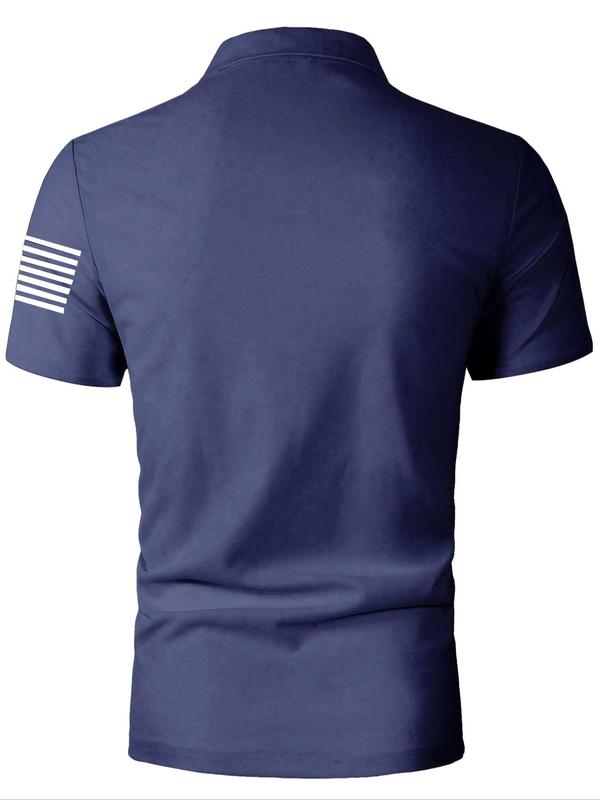 Men's Flag Print Short Sleeve 4th Of July Polo Shirt, Regular Fit Casual Button Front Polo Neck Top, Polo Shirts Men, Fashion Men's Clothes for Summer Daily Wear