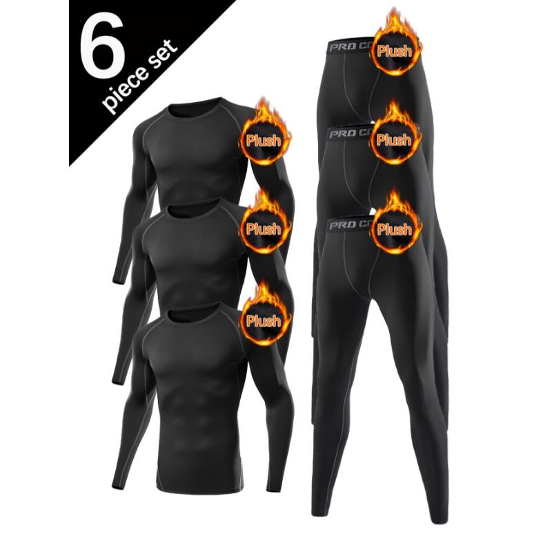 6pcs 3Sets Men'S Thermal Underwear Set, Winter Hunting Outdoor Skiing Winter Thermal Tights, Long Sleeve Crew Neck Top And Pants Set, Suitable for Autumn And Winter Outdoor