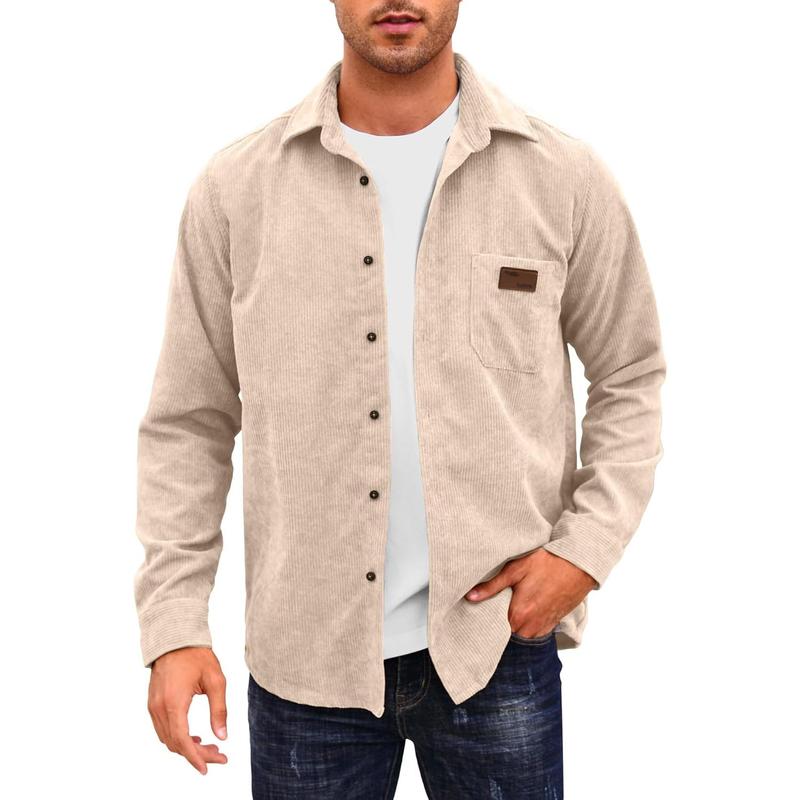 Lightweight Corduroy Button Down Jacket For Men Long Sleeve Work Shirts Shackets with Pocket