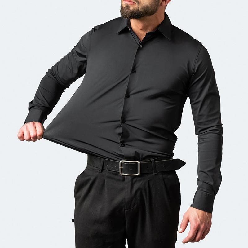 Men‘s Super stretchy dress shirt quick-drying breathable anti-wrinkle muscle slim long-sleeved business sports casual shirt Slim-fitting Casual Casual Black Menswear Top Underwear Beige Plain Long Sleeve Collar Longsleeves Collared Wetsuit Tights men's