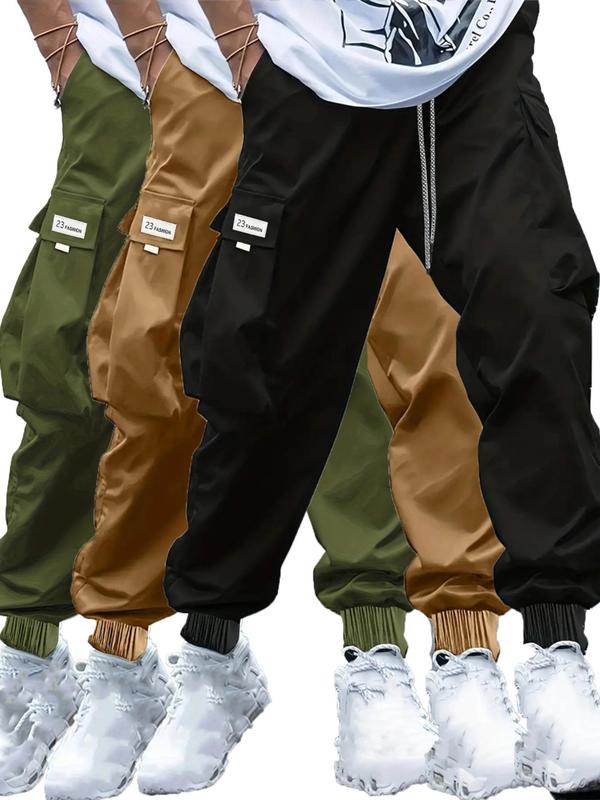  Men's Solid Color Patched Drawstring Waist Cargo Pants, Casual Elastic Waist Flap Pocket Trousers for Daily Wear, Men's Bottoms for All Seasons