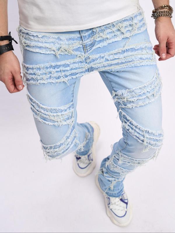 Men's Plain Pocket Button Fly Raw Trim Flare Leg Jeans, Slim Casual Denim Trousers, Men's Bottoms for All Seasons Daily Wear