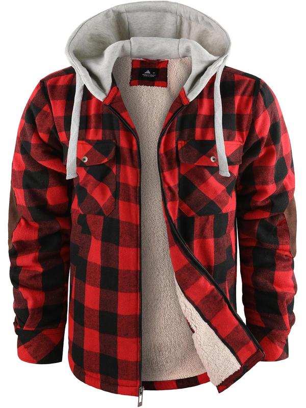 Men's Plaid Print Button Front Thermal  Lined Drawstring Hooded Coat, Regular Fit Casual Long Sleeve Pocket Outerwear for Fall & Winter, Men's Clothes for Daily Wear