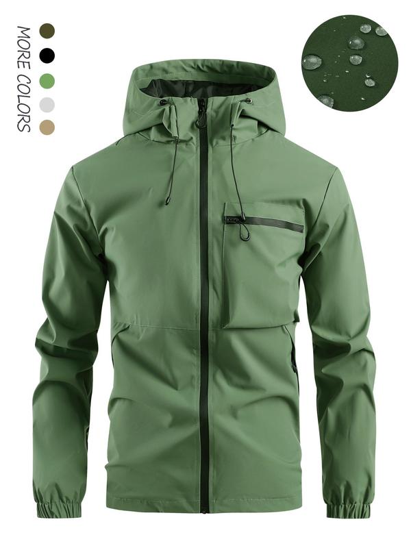 Men's Solid Zip Up Windproof Waterproof Hooded Jacket, Regular Fit Casual Long Sleeve Drawstring Pocket Jacket for Fall & Winter, Men's Outerwear for Daily Wear