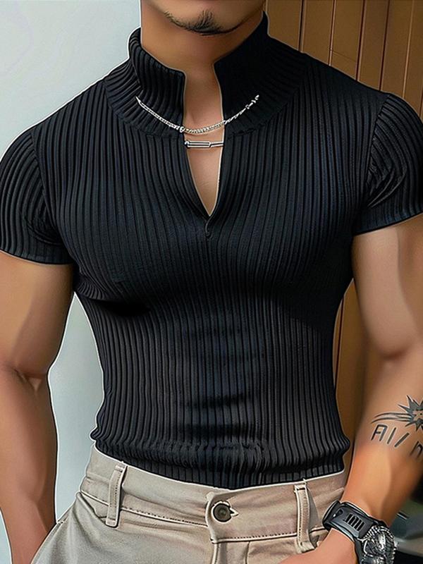 Men's Solid Notched Neck Polo Shirt, Casual Regular Fit Short Sleeve Top for All Seasons, Fashion Men's Clothes for Daily Wear