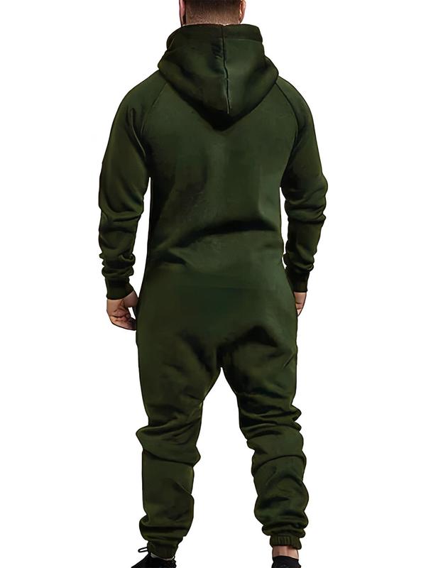 Men's Solid Zip Up Drawstring Hooded Jumpsuit, Regular Fit Casual Long Sleeve Pocket Jumpsuit for Fall & Winter, Men's Sleepwear for Indoor Wear