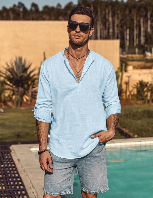 COOFANDY New York Fashion Week Men's Cotton Linen Henley Shirt Long Sleeve Hippie Casual Beach T Shirts Menswear Soft Beach Wear Breathable Vneck Fashion