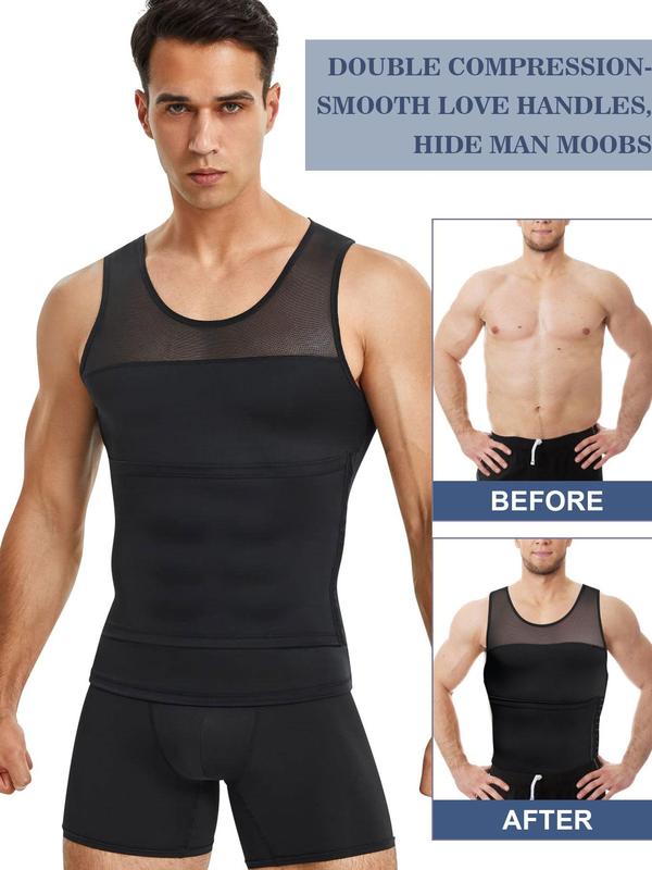 Men's Contrast Mesh Shapewear Tank Top, Adjustable Hook & Eye Compression Fajas Vests, Summer Tummy Control Shaper