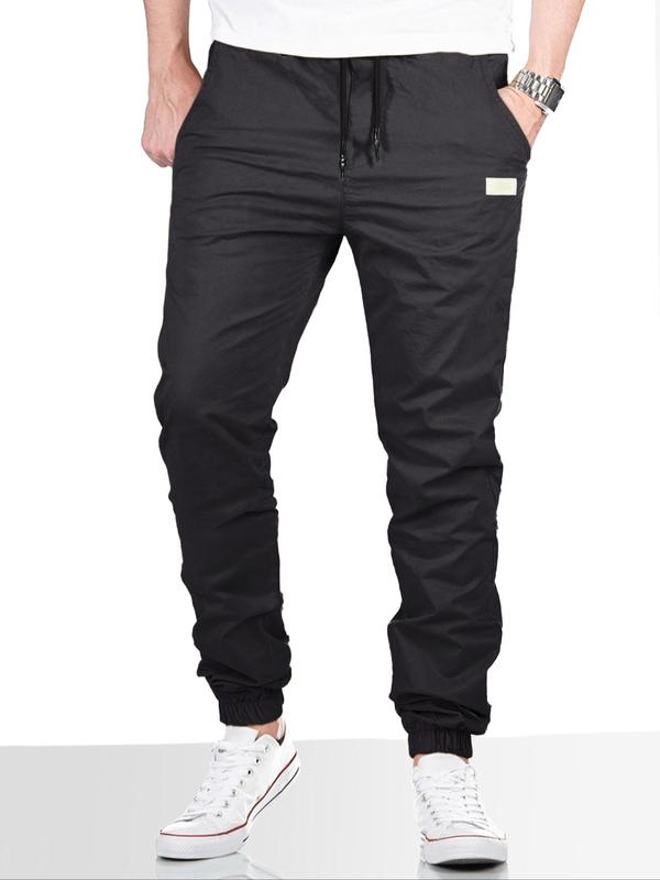 Men's Solid Pocket Drawstring Waist Pants, Regular Fit Casual Comfy Straight Leg Trousers for Daily Wear, Woven Bottoms for All Seasons