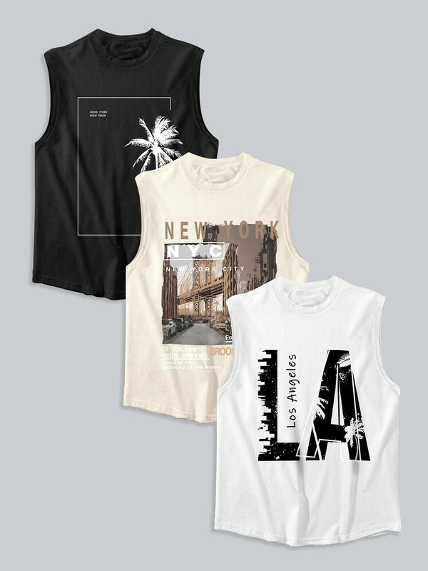 Men's Letter & City & Coconut Tree Print Tank Top, Regular Fit Casual Sleeveless Round Neck Top for Summer, Men's Top for Daily Wear