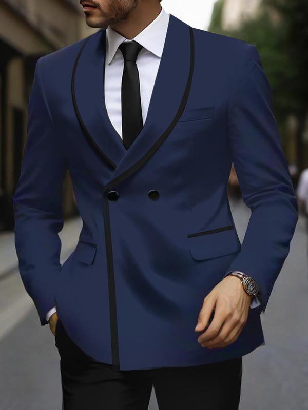Men's Striped Trim Double Button Shawl Collar Blazer, Business Formal Flap Detail Long Sleeve Suit Jacket for Work Office, Men's Clothing for All Seasons