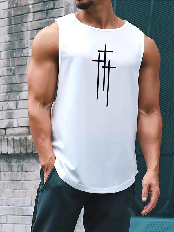 Men's Cross Print Crew Neck Tank Top, Regular Fit Casual Sleeveless Round Neck Top for Daily Outdoor Wear, Streetwear, Fashion Men's Clothes for All Seasons