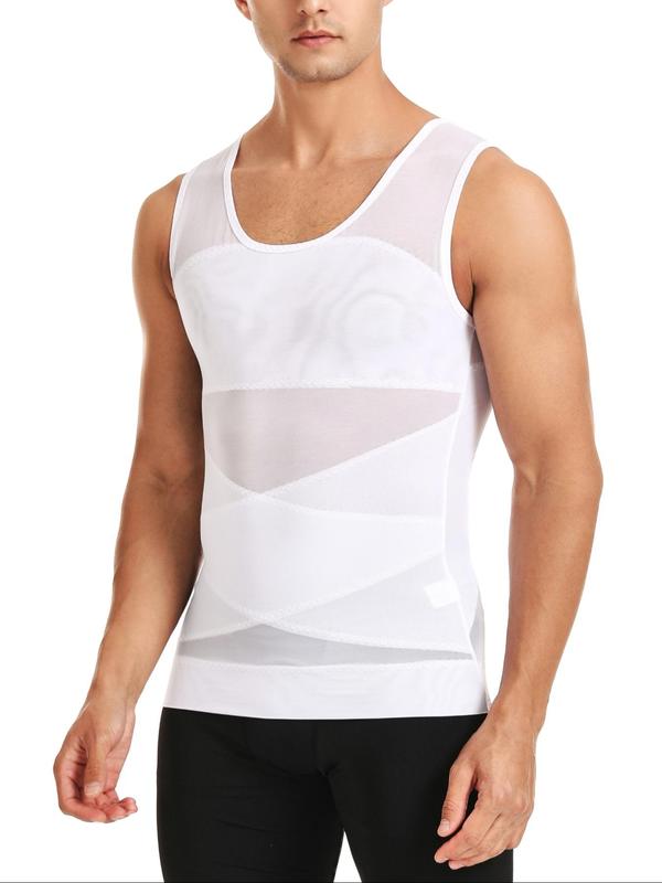 Men's Plain U Neck Sheer Tulle Shapewear Tank Top, Minimalist High Stretch Tummy Control Shaper Vest, Men's Shapewear for Summer