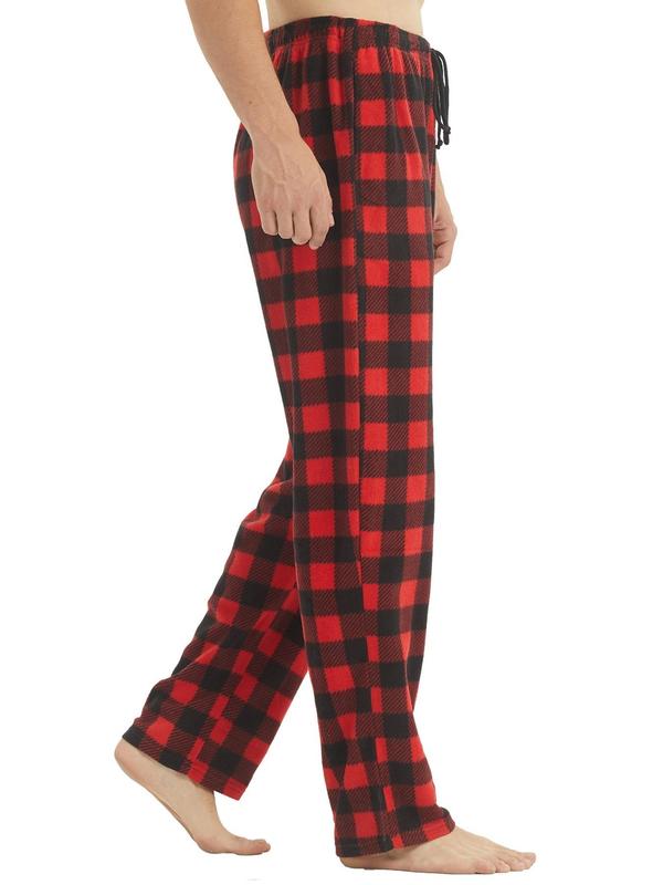 Men's Plaid Print Pocket Sleep Pants, Regular Fit Casual Drawstring Waist Straight Leg Pajama Trousers, Men's Sleep Bottoms for Fall & Winter