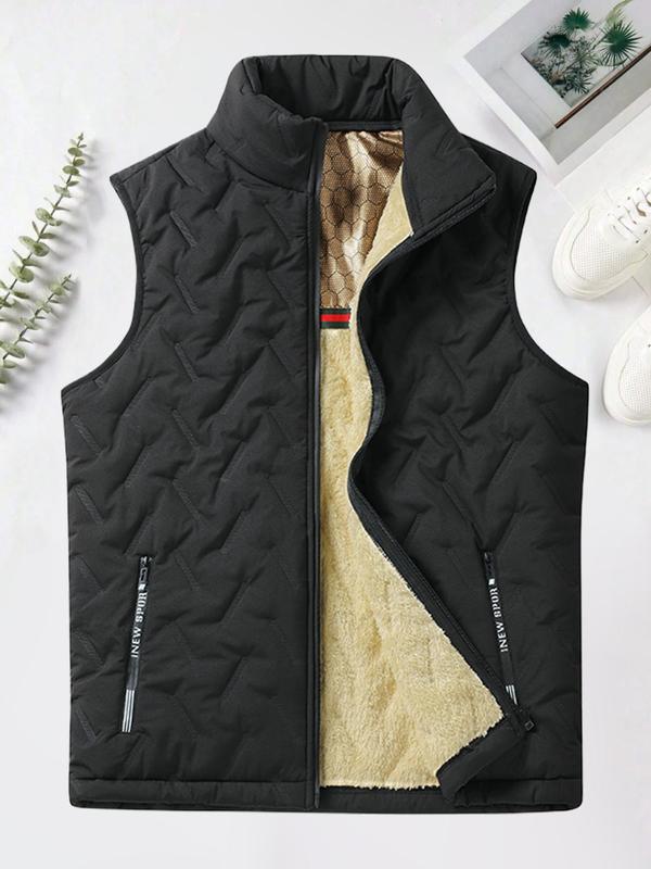 Men's Solid Zip Up Pocket Funnel Neck Waistcoat, Loose Casual Thermal Lined Sleeveless Outerwear for Fall & Winter, Men's Clothes for Daily Wear Jacket Vest