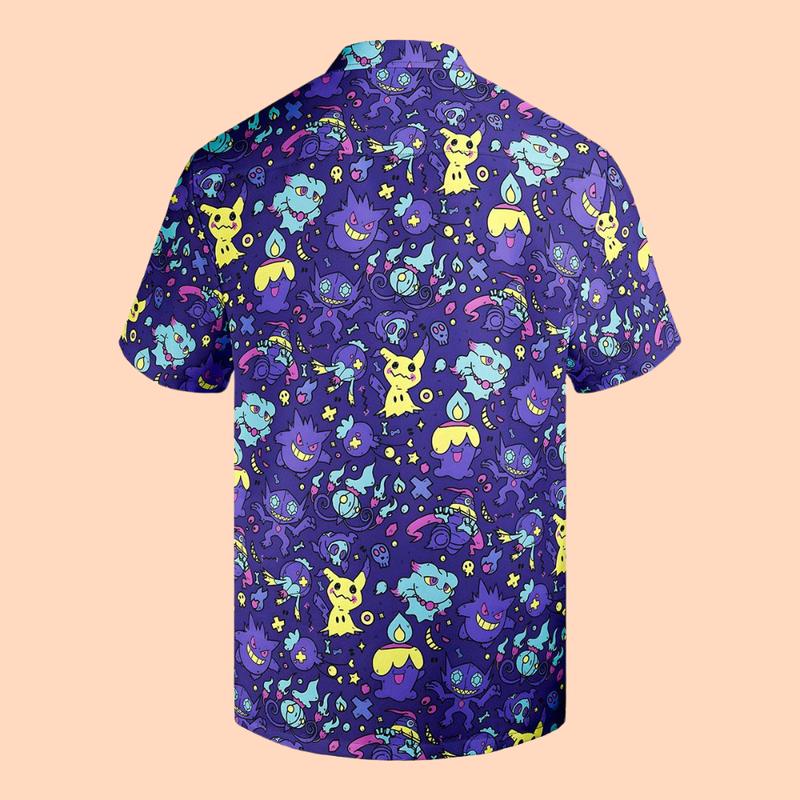Pikachu And Gangar Muma Ghost Hawaiian Shirt, Hawaiian Shirt With Spooky Pokemon Motifs, Chrismast Gift Collar Menswear