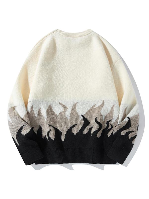 Unisex Men's Fire Print Drop Shoulder Crewneck Sweater, Loose Casual Long Sleeve Round Neck Jumper Knitwear for Fall & Winter, Fall Sweaters, Streetwear Sweaters, Y2k Freaky Knitting Pullover Top, Menswear Tops