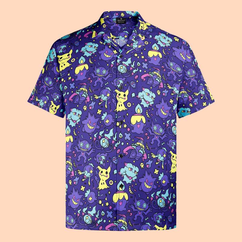 Pikachu And Gangar Muma Ghost Hawaiian Shirt, Hawaiian Shirt With Spooky Pokemon Motifs, Chrismast Gift Collar Menswear