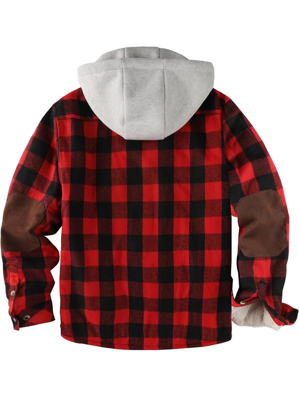 Men's Plaid Print Button Front Thermal  Lined Drawstring Hooded Coat, Regular Fit Casual Long Sleeve Pocket Outerwear for Fall & Winter, Men's Clothes for Daily Wear