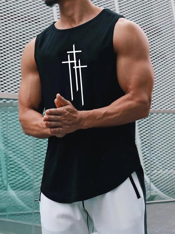 Men's Cross Print Crew Neck Tank Top, Regular Fit Casual Sleeveless Round Neck Top for Daily Outdoor Wear, Streetwear, Fashion Men's Clothes for All Seasons