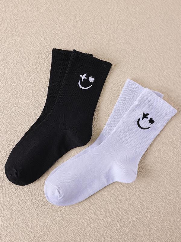 Men's 2 Pairs Smile Face Embroidery Mid-calf Socks, Ribbed Knit Crew Socks, Black and White Socks for Men, Comfy Breathable Socks Pack, Men's Socks & Hosiery