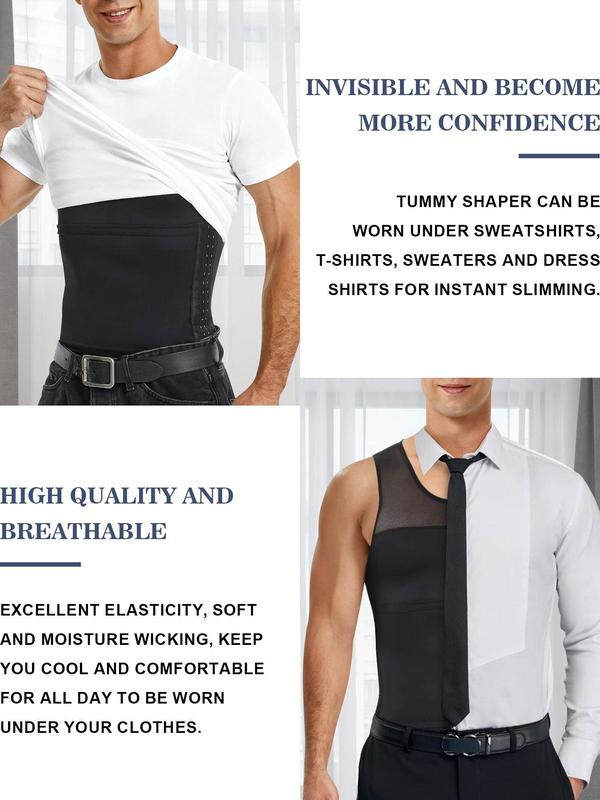 Men's Contrast Mesh Shapewear Tank Top, Adjustable Hook & Eye Compression Fajas Vests, Summer Tummy Control Shaper