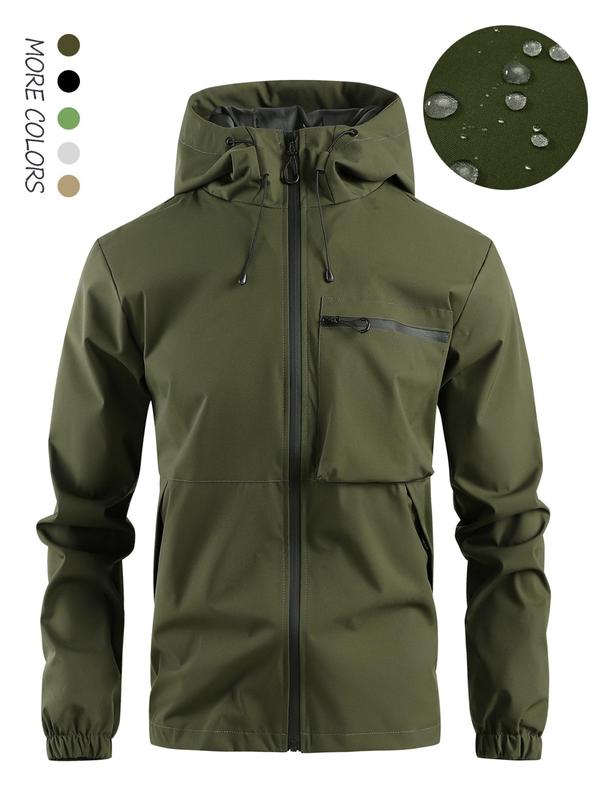 Men's Solid Zip Up Windproof Waterproof Hooded Jacket, Regular Fit Casual Long Sleeve Drawstring Pocket Jacket for Fall & Winter, Men's Outerwear for Daily Wear