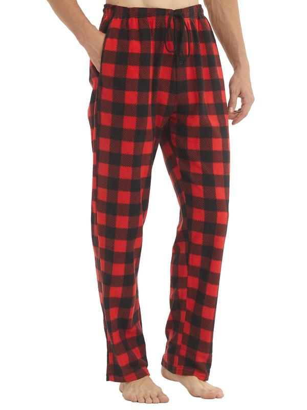 Men's Plaid Print Pocket Sleep Pants, Regular Fit Casual Drawstring Waist Straight Leg Pajama Trousers, Men's Sleep Bottoms for Fall & Winter