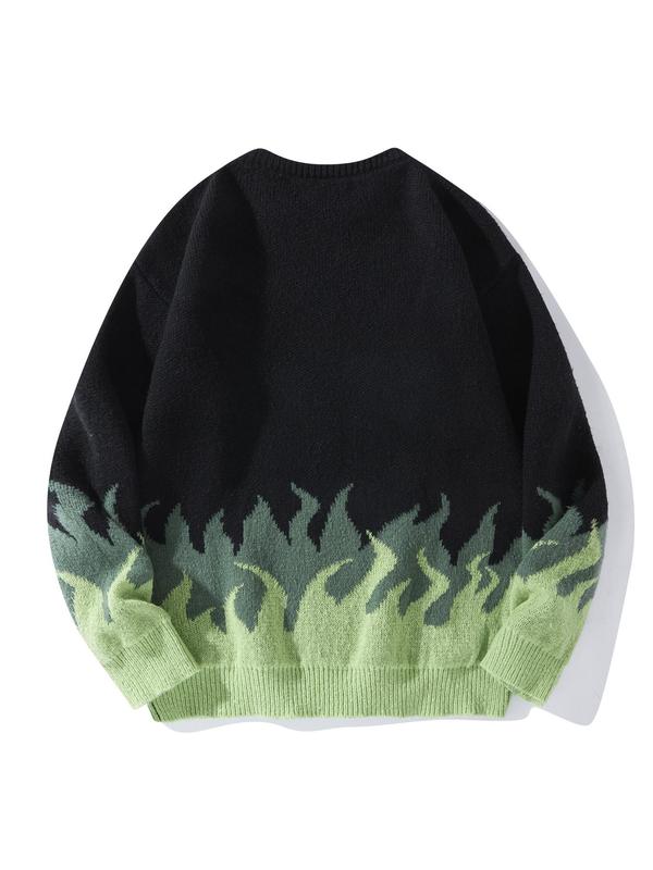 Unisex Men's Fire Print Drop Shoulder Crewneck Sweater, Loose Casual Long Sleeve Round Neck Jumper Knitwear for Fall & Winter, Fall Sweaters, Streetwear Sweaters, Y2k Freaky Knitting Pullover Top, Menswear Tops