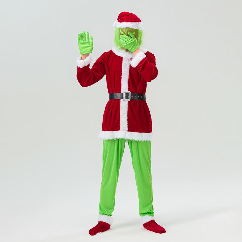 Creative Halloween Costume Set Santa Claus Hat Top Boots Green Hair Monster Mask Gloves Cosplay Costume