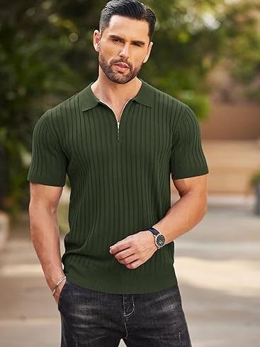 COOFANDY New York Fashion Week Men's Zipper Polo Shirts Short Sleeve Ribbed Knit Polo T Shirts Fashion Casual Golf Shirts Fabric Menswear Classic