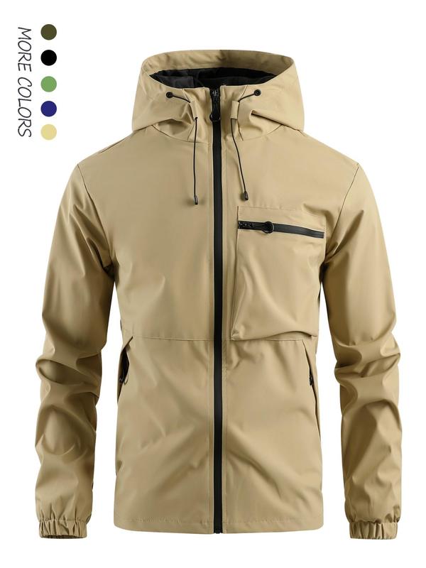 Men's Solid Zip Up Windproof Waterproof Hooded Jacket, Regular Fit Casual Long Sleeve Drawstring Pocket Jacket for Fall & Winter, Men's Outerwear for Daily Wear