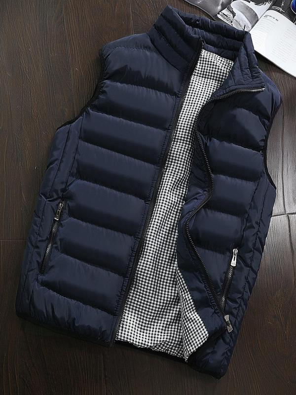 Men's Solid Zip Up Funnel Neck Vest Jacket, Regular Fit Casual Pocket Sleeveless Outerwear for Fall & Winter, Men's Clothes for Daily Wear