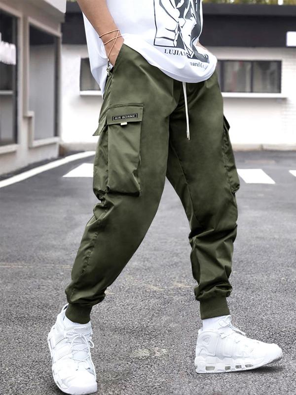 Men's Plain Loose Patched Flap Pocket Drawstring Waist Cargo Pants, Drippy Outfits, Mens Clothing, Casual Street Wear Jogger Pants for Fall, Going Out Outfit, Mens Fall Clothing, Fall Outfits 2024, Back To School Outfits