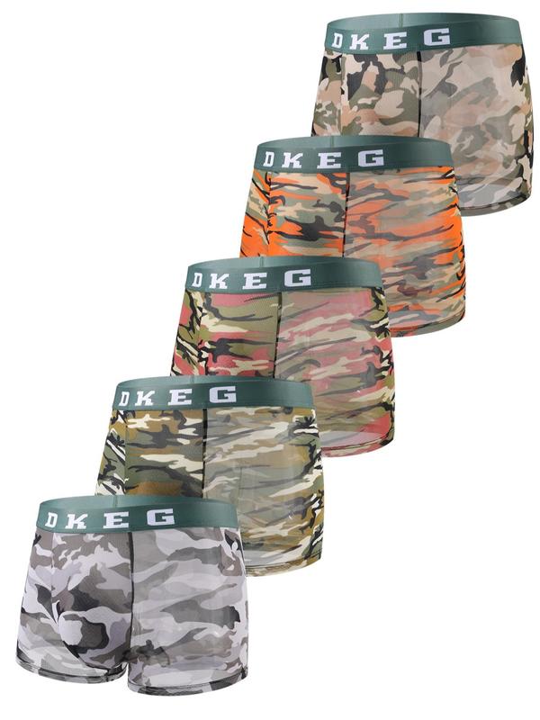 Men's 5pcs Camo Print Letter Tape Ice Silk Boxer Brief, Casual Comfy Breathable Underwear for Daily Wear, Mens Underwear for All Seasons