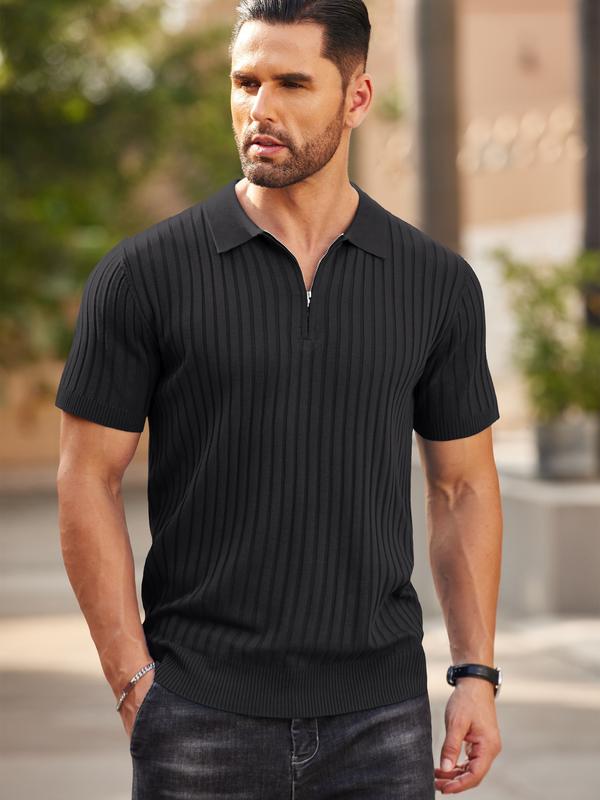 COOFANDY New York Fashion Week Men's Zipper Polo Shirts Short Sleeve Ribbed Knit Polo T Shirts Fashion Casual Golf Shirts Fabric Menswear Classic