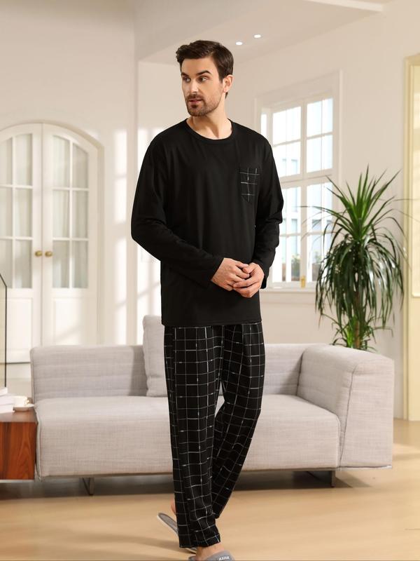 Two-Piece Set Men's Plaid Print Pocket Tee & Pants Pyjama, Regular Fit Casual Comfy Round Neck Long Sleeve T-shirt & Trousers PJ Set, Men's Sleepwear for Spring & Fall